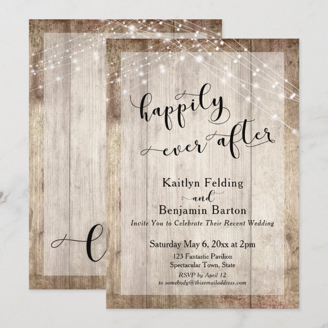 Rustic Wood & Ljus var lyckligtvis allt efter mott Inbjudningar (Fram/baksida)