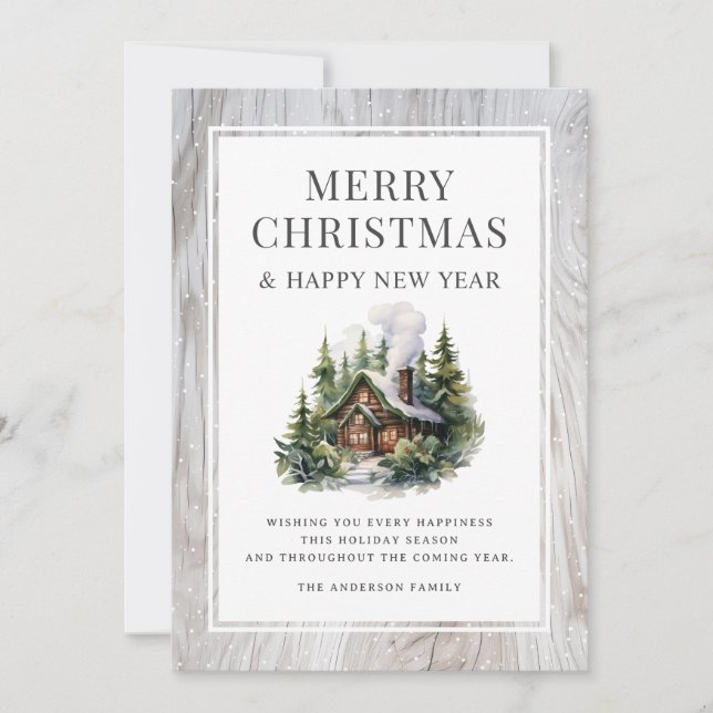 Rustic Wood Log Cabin Snow Christmas New Year Card Julkort (Framsida)