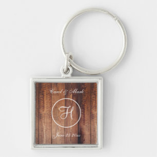 Rustic Wood look Bröllop Monogram Fyrkantig Silverfärgad Nyckelring