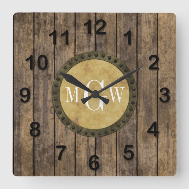 Rustic Wood look Planks #1 Steampunk 3 Monogram Fyrkantig Klocka (Framsida)
