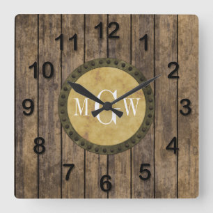Rustic Wood look Planks #1 Steampunk 3 Monogram Fyrkantig Klocka