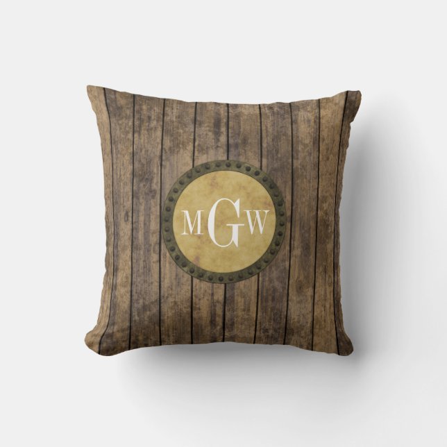 Rustic Wood look Planks #1 Steampunk 3 Monogram Kudde (Framsida)