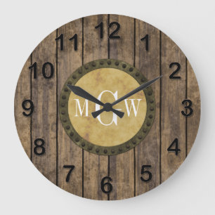Rustic Wood look Planks #1 Steampunk 3 Monogram Stor Klocka