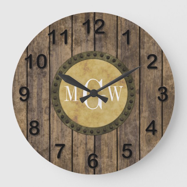 Rustic Wood look Planks #1 Steampunk 3 Monogram Stor Klocka (Framsida)