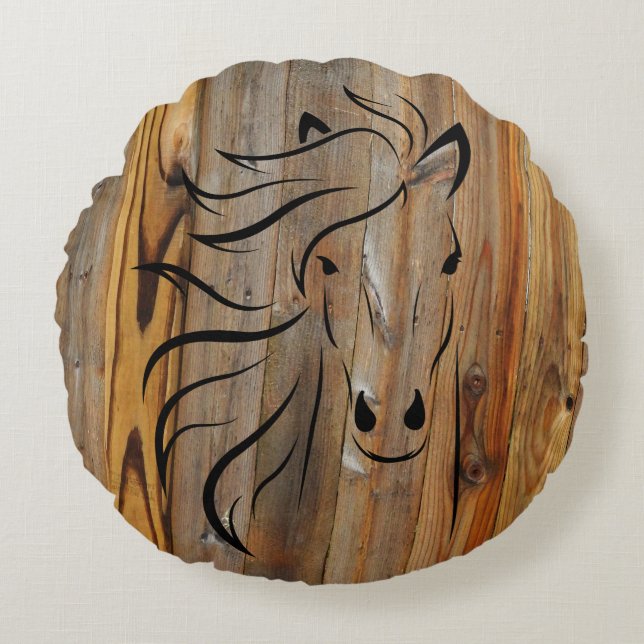 Rustic Wood look - Vild Horse Head Rund Kudde (Framsidan)