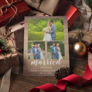 Rustic Wood Married and Merry Photo Collage Julkort