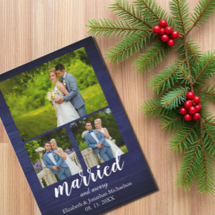 Rustic Wood Married and Merry Photo Collage Julkort