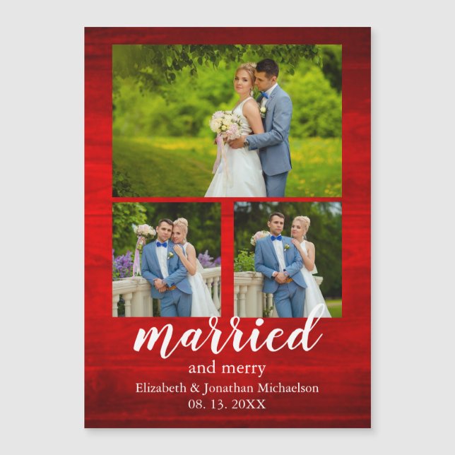 Rustic Wood Married and Merry Photo Collage Magnet (Framsida)