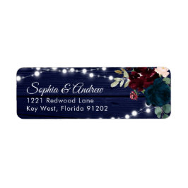 Rustic Wood Marsala & Navy Blåa blommor Adress Returadress Etikett