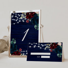 Rustic Wood Marsala & Navy Blåa blommor Bordsnummer