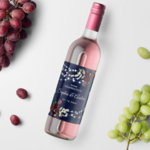 Rustic Wood Marsala & Navy Blåa blommor Vinflaska Etikett