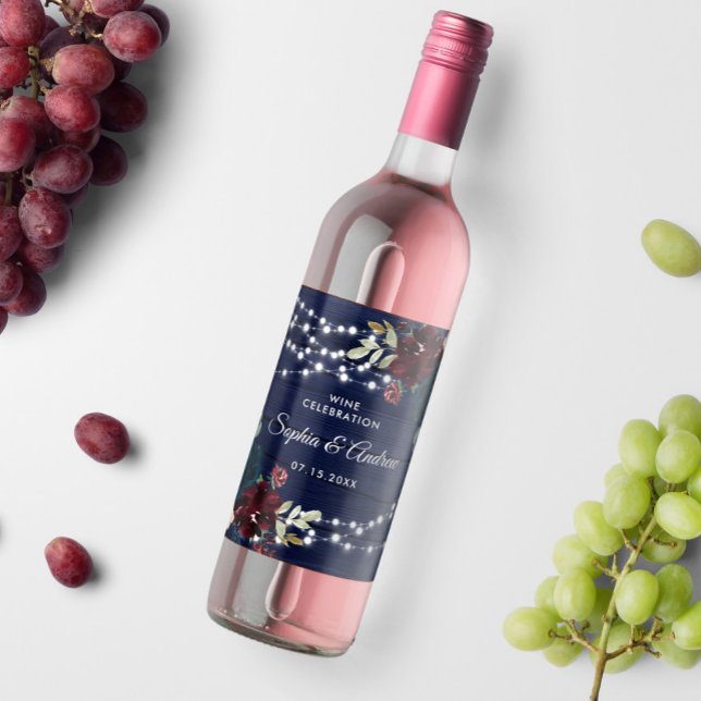 Rustic Wood Marsala & Navy Blåa blommor Vinflaska Etikett (Skapare uppladdad)