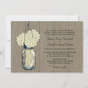 Rustic Wood Mason Burk Hydrangeas Bröllop Inbjudningar