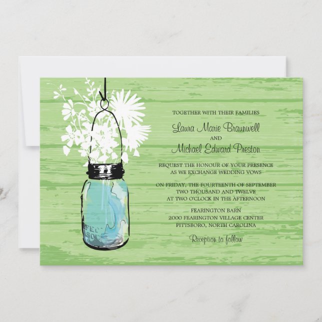 Rustic Wood Mason Burk och Wildblommor Bröllop Inbjudningar (Framsida)