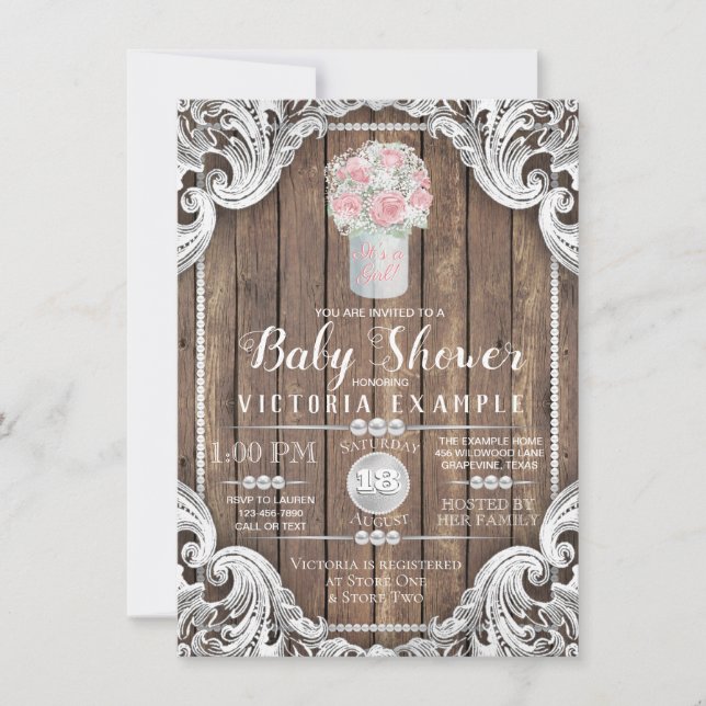 Rustic Wood Mason Burk Pearl Baby Shower-inbjudan Inbjudningar (Framsida)