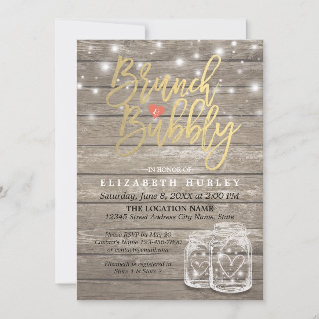 Rustic Wood Mason Burk String Light Brunch & BubLY Inbjudningar (Framsida)