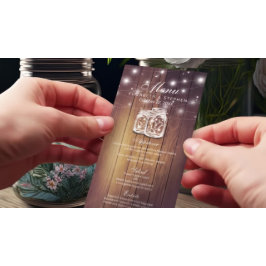 Rustic Wood & Mason Burk String Ljus Bröllop Menu Meny