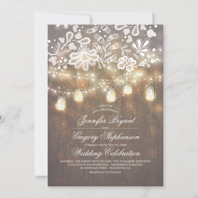Rustic Wood Mason Burk String Ljus Fall Wedding Inbjudningar (Framsida)