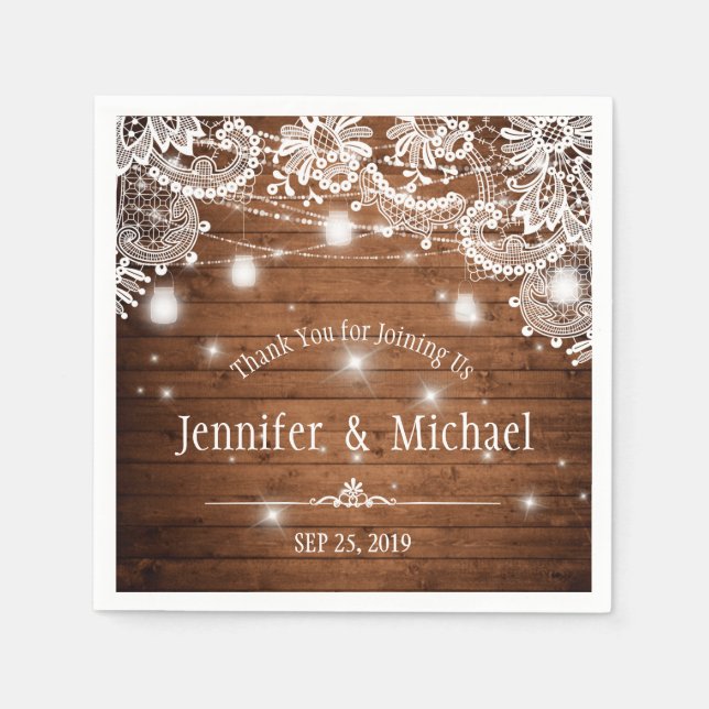 Rustic Wood Mason Burk String Ljus Snöre Bröllop Pappersservett (Framsidan)