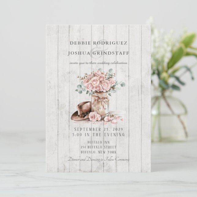 Rustic Wood Mason Jar Floral Wedding Invitation  Inbjudningar (Stående Fram)