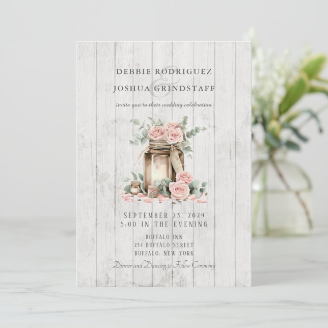 Rustic Wood Mason Jar Floral Wedding Invitation  Inbjudningar (Stående Fram)