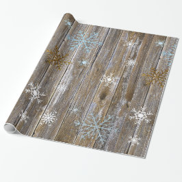 Rustic Wood med Blue och Guld Snöflingor Christma Presentpapper