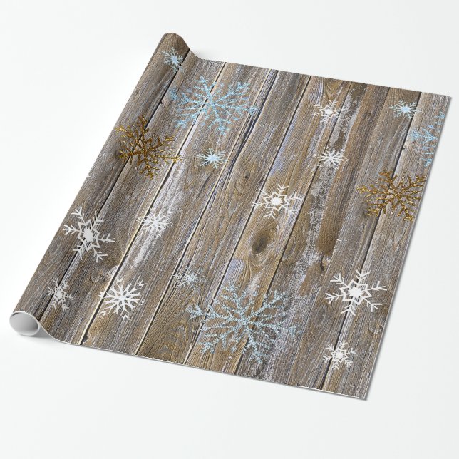 Rustic Wood med Blue och Guld Snöflingor Christma Presentpapper (Utrullad)