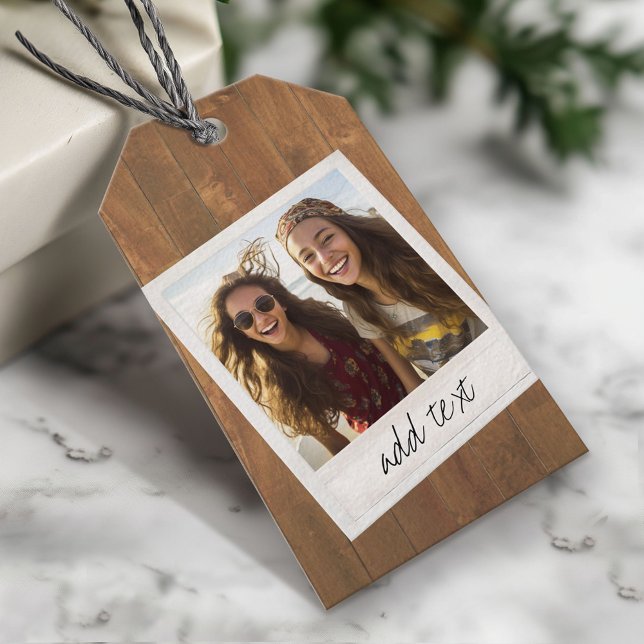 Rustic Wood med Square Photo Ram Presentetikett (Custom Photo Gift Tag - Add your pictures and text)