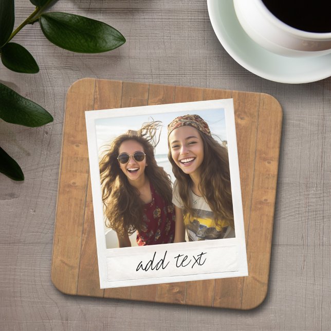 Rustic Wood med Square Photo Ram Underlägg Papper Kvadrat (Personalized coaster with 4 photos and text)