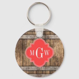 Rustic Wood Metall Band Coral Quatrefoil 3 Monogra Nyckelring