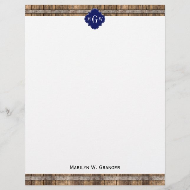 Rustic Wood Metall Band Navy Quatrefoil 3 Monogram (Framsida)