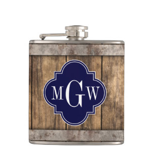 Rustic Wood Metall Band Navy Quatrefoil 3 Monogram Fickplunta
