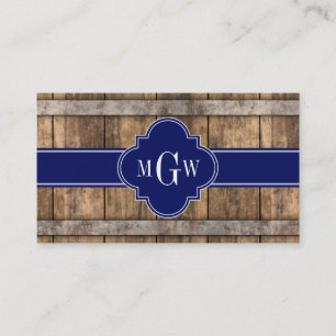 Rustic Wood Metall Band Navy Quatrefoil 3 Monogram Visitkort