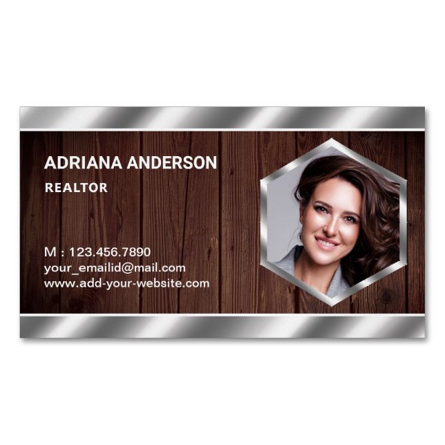 Rustic Wood Metallic Real Gods Photo Realtor Magnetiska Visitkort (Framsida)