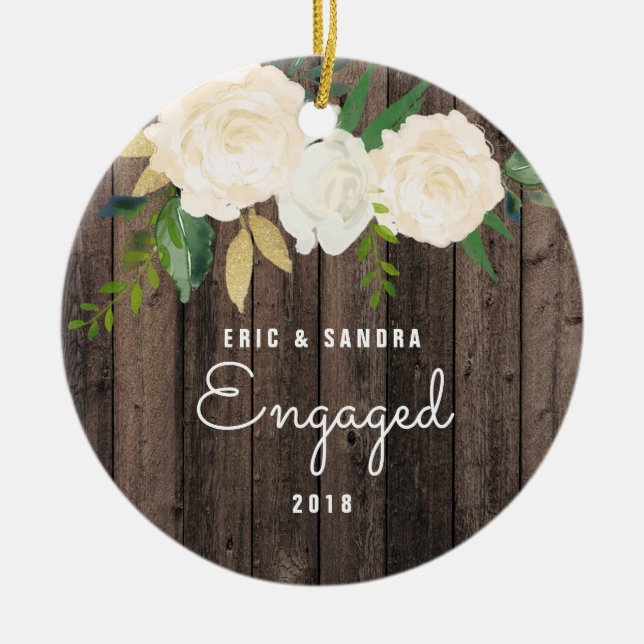 Rustic Wood Modern Blommigt Engated Fiance Anpassn Julgransprydnad Keramik (Framsidan)