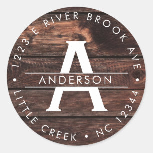 Rustic Wood   Modern Monogram-returadressetikett Runt Klistermärke