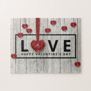 Rustic Wood Modern Valentine Day KÄRLEK Red Hearts Pussel
