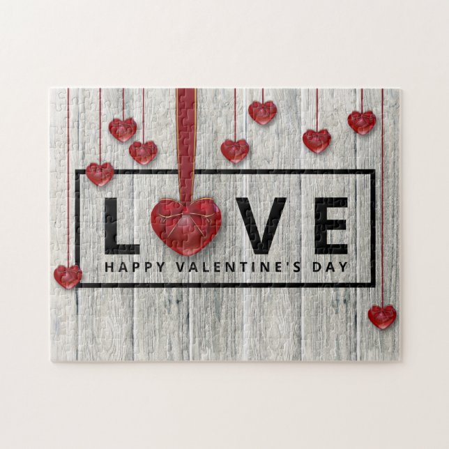 Rustic Wood Modern Valentine Day KÄRLEK Red Hearts Pussel (Horisontell)