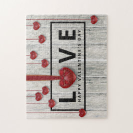 Rustic Wood Modern Valentine Day KÄRLEK Red Hearts Pussel