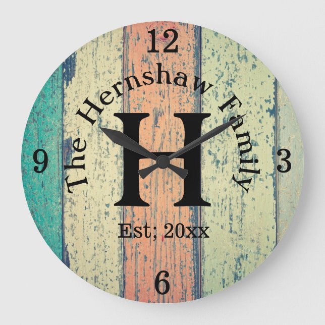 Rustic Wood Monogram-familjen Stor Klocka (Framsida)