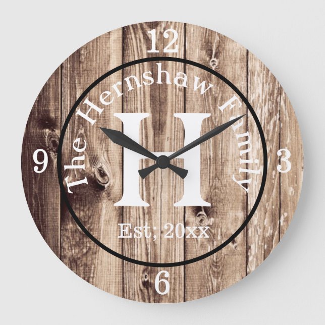 Rustic Wood Monogram-familjen Stor Klocka (Framsida)