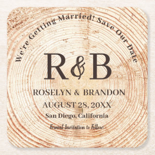 Rustic Wood Monogram Namn Spara datumet Underlägg Papper Kvadrat