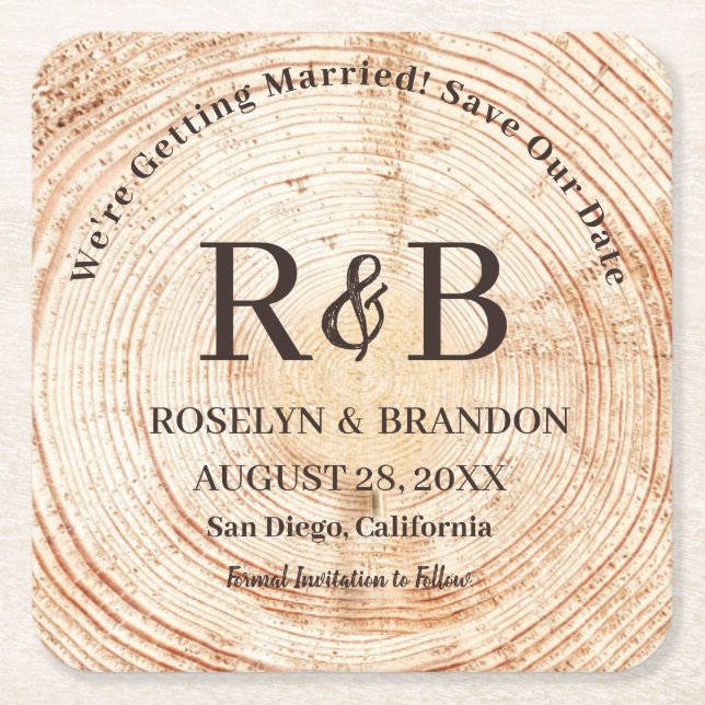 Rustic Wood Monogram Namn Spara datumet Underlägg Papper Kvadrat (Framsidan)