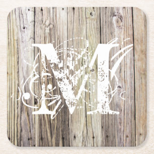 Rustic Wood Monogrammed Underlägg Papper Kvadrat
