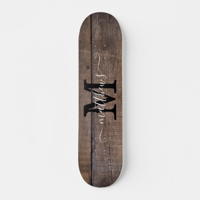 Rustic Wood Mönster Monogram Script Namn Mini Skateboard Bräda 18,5 Cm (Framsida)