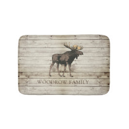Rustic Wood Moose Family Name Shower Curtain Badrumsmatta