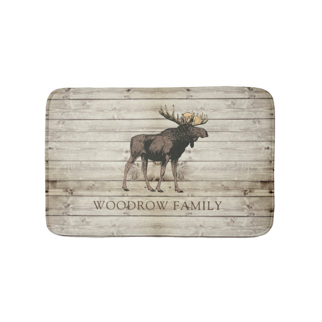 Rustic Wood Moose Family Name Shower Curtain Badrumsmatta (Framsidan)