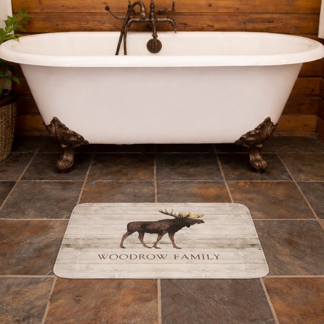 Rustic Wood Moose Family Name Shower Curtain Badrumsmatta (Skapare uppladdad)