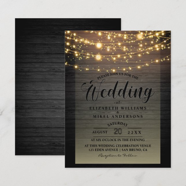 Rustic Wood Mörk Ljus String bröllop Inbjudningar (Fram/baksida)