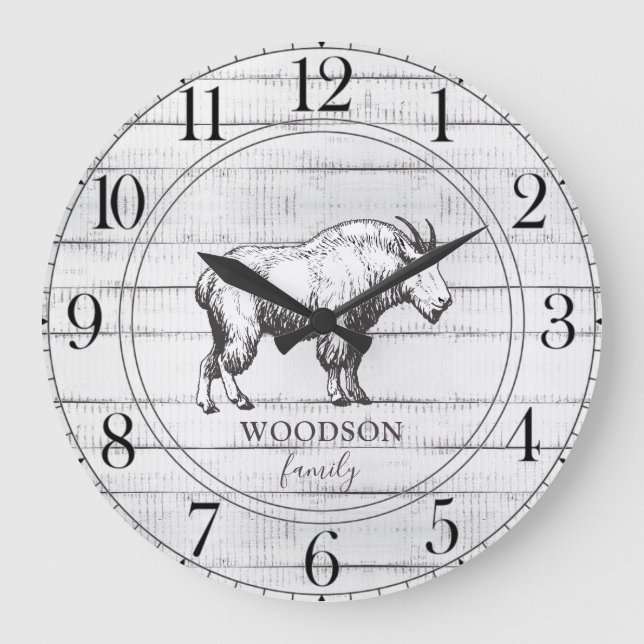 Rustic Wood Mountain Goat Family Namn Large Clock Stor Klocka (Framsida)
